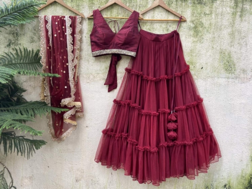 Burgundy Tier and Ruffle Lehenga Set Bridesmaids
