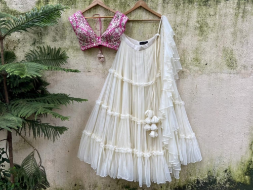 Ivory and Fuchsia Tier and Ruffle Lehenga Set Bridesmaids