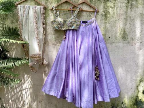 Tea Green and Lavender Lehnega Set Lehengas