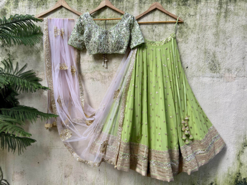 Olive Green and Powder Pink Lehenga Set Lehengas