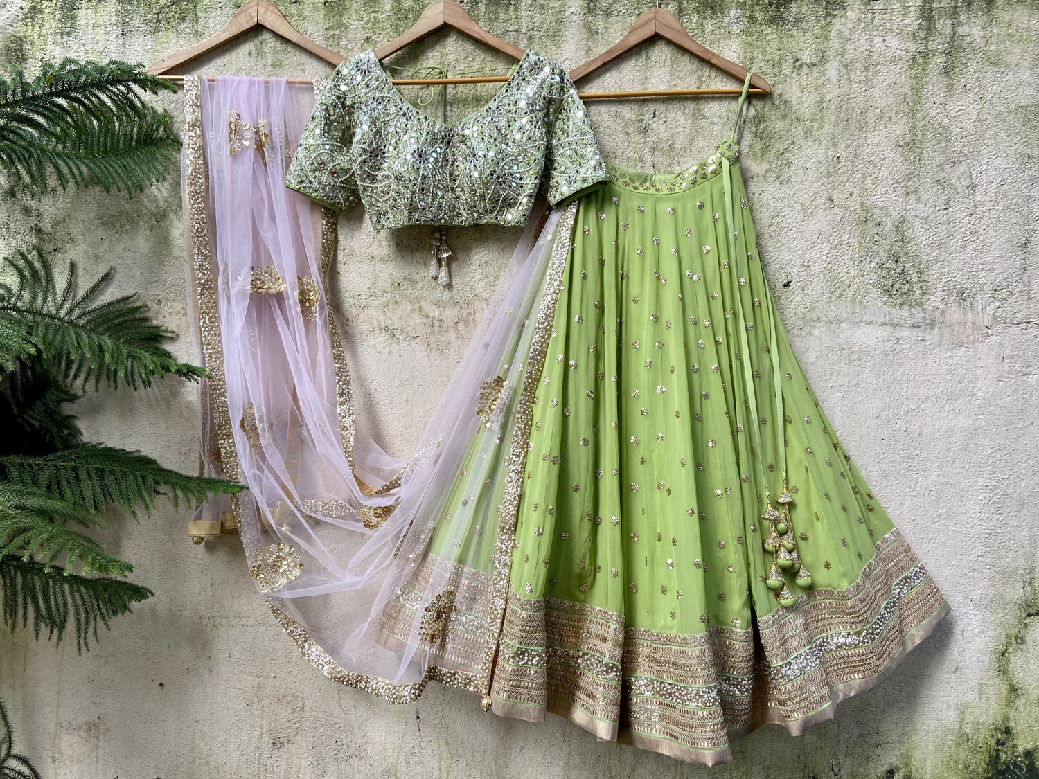 Olive Green and Powder Pink Lehenga Set - Fashion Brand & Designer Priti Sahni