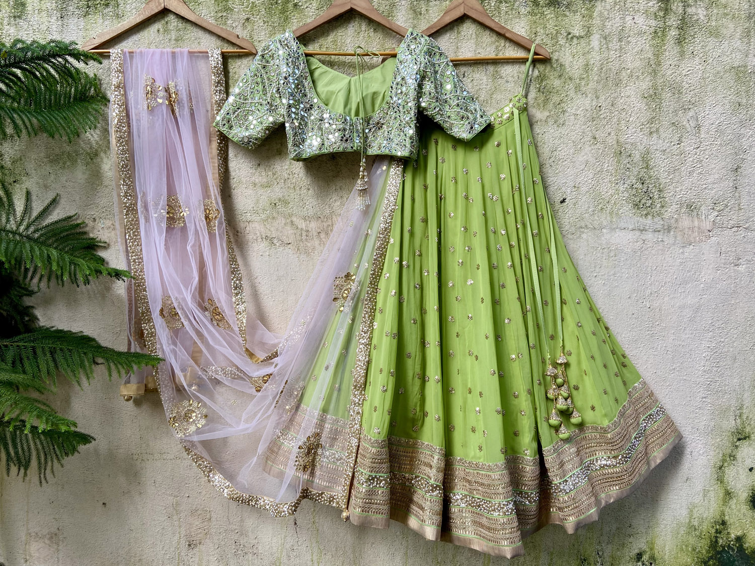 Olive Green and Powder Pink Lehenga Set - Fashion Brand & Designer Priti Sahni 6