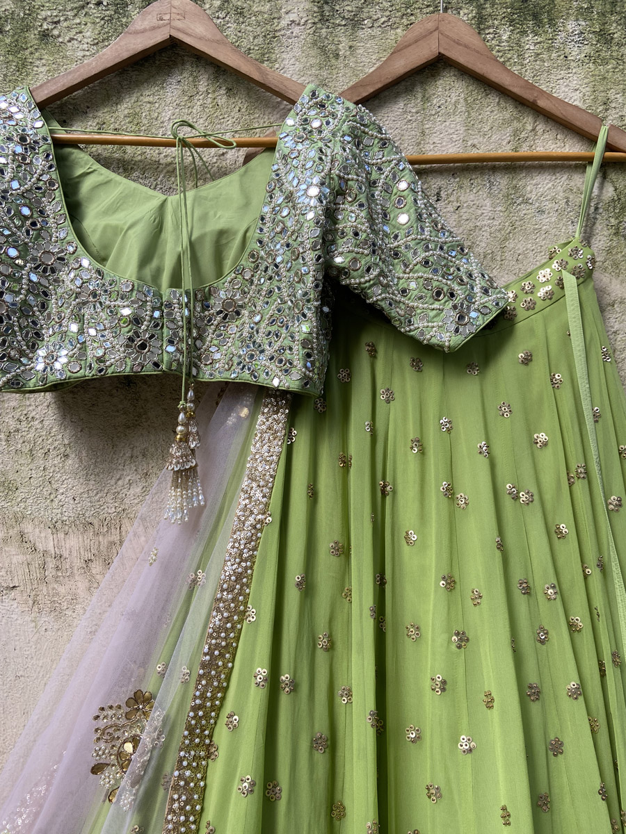 Olive Green and Powder Pink Lehenga Set - Fashion Brand & Designer Priti Sahni 7