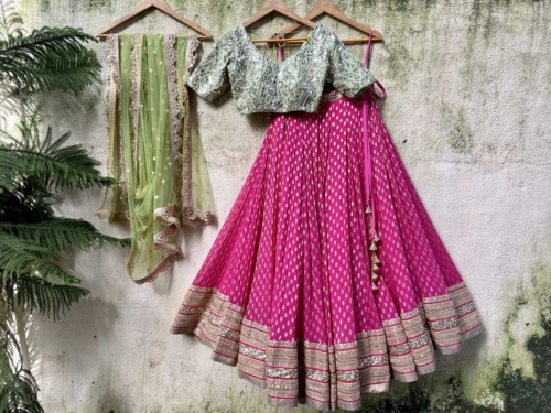Fuchsia and Olive Lehenga Set Lehengas