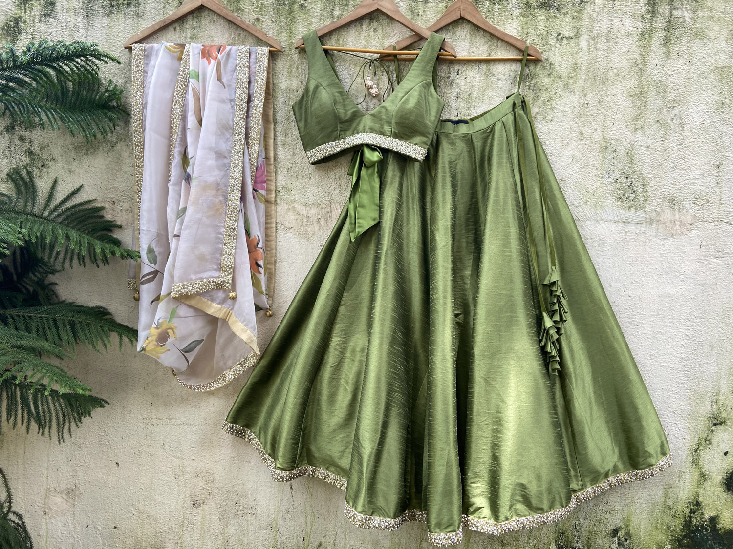 Moss Green Lehenga set with Hand Painted Dupatta - Fashion Brand & Designer Priti Sahni
