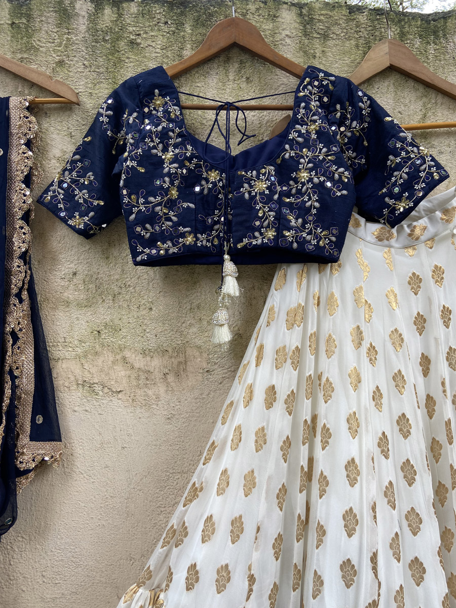 Navy Blue and Ivory Ruffle Lehenga Set - Fashion Brand & Designer Priti Sahni 6