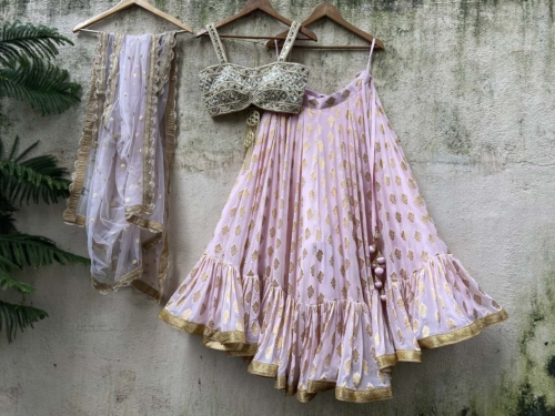 Powder Pink Ruffle Lehenga Set with Mirror Bustier Lehengas