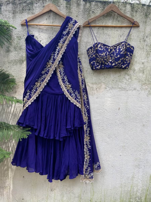 Indigo Blue Draped Ruffle Saree Sarees