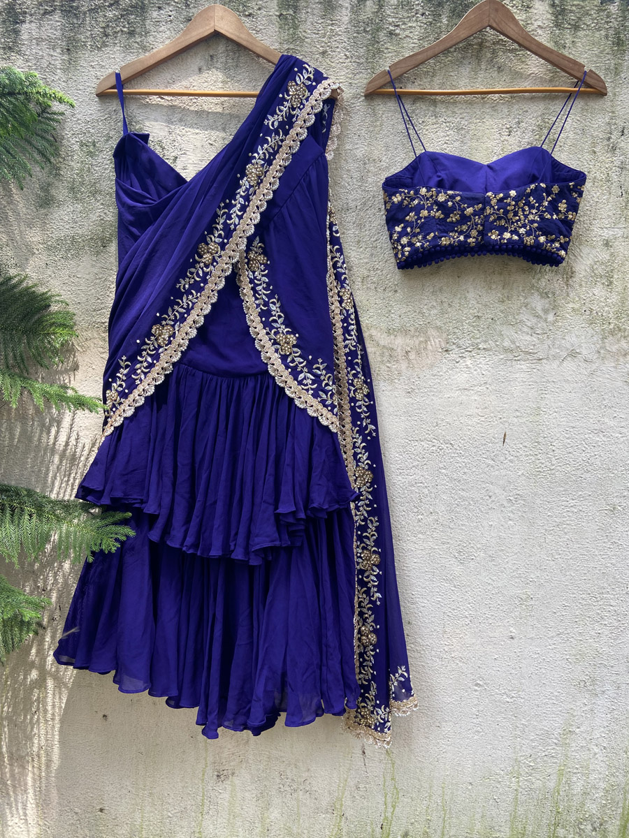 Indigo Blue Draped Ruffle Saree - Fashion Brand & Designer Priti Sahni 4