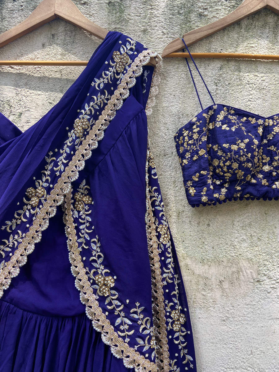 Indigo Blue Draped Ruffle Saree - Fashion Brand & Designer Priti Sahni 6
