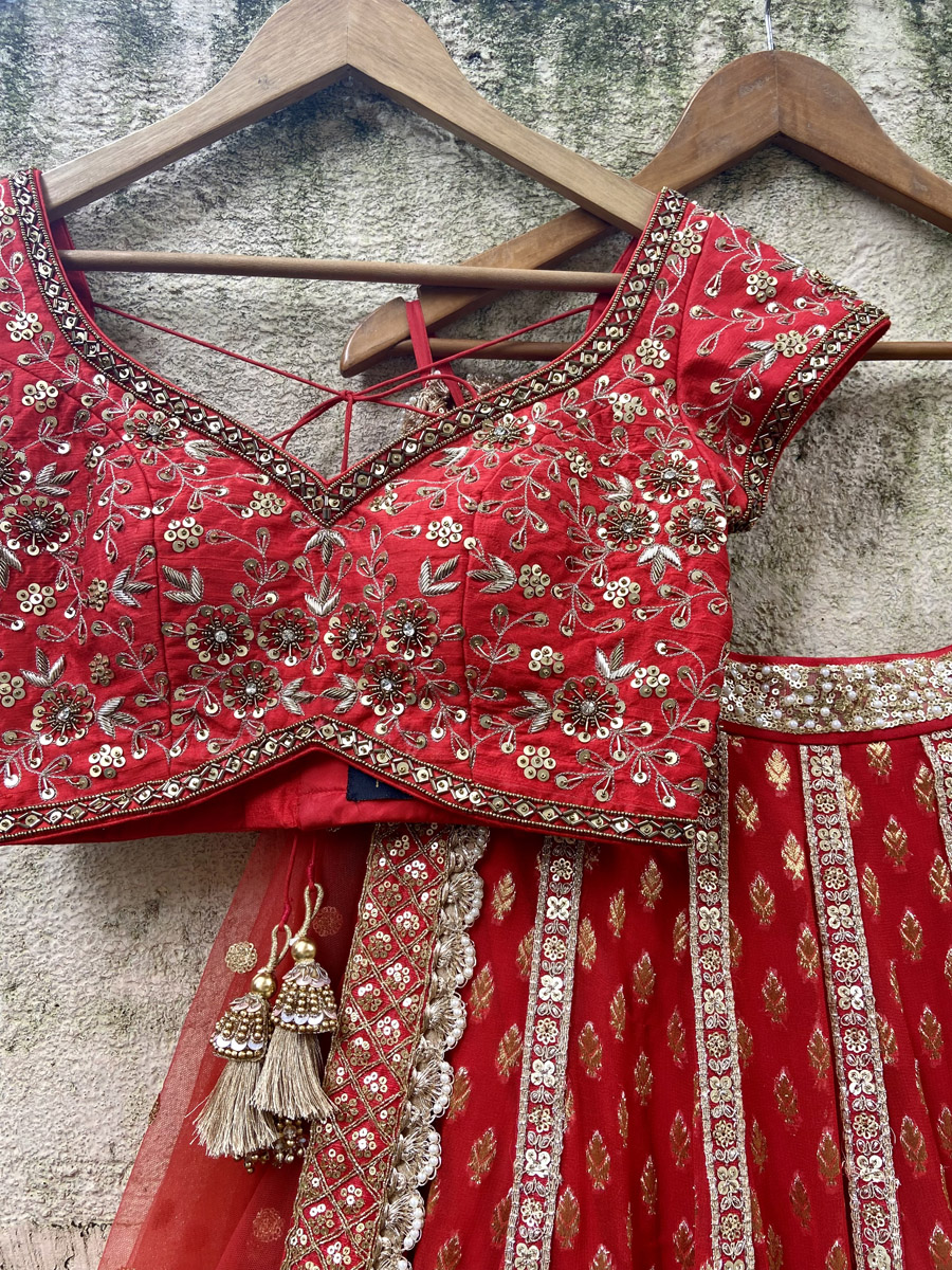 Red Bridal Panelled Sharmily Lehenga Set - Fashion Brand & Designer Priti Sahni 2