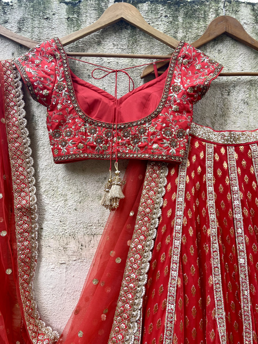 Red Bridal Panelled Sharmily Lehenga Set - Fashion Brand & Designer Priti Sahni 5