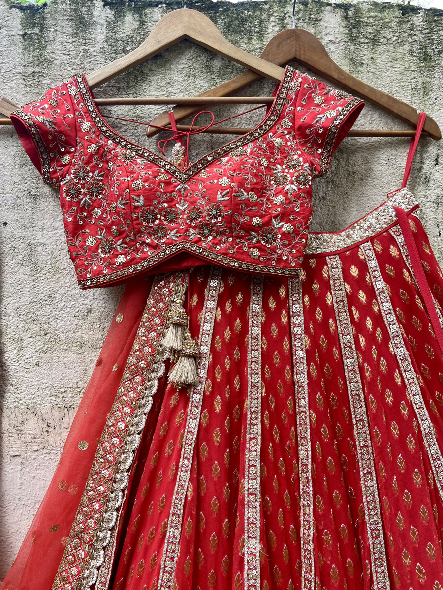 Red Bridal Panelled Sharmily Lehenga Set - Fashion Brand & Designer Priti Sahni 6