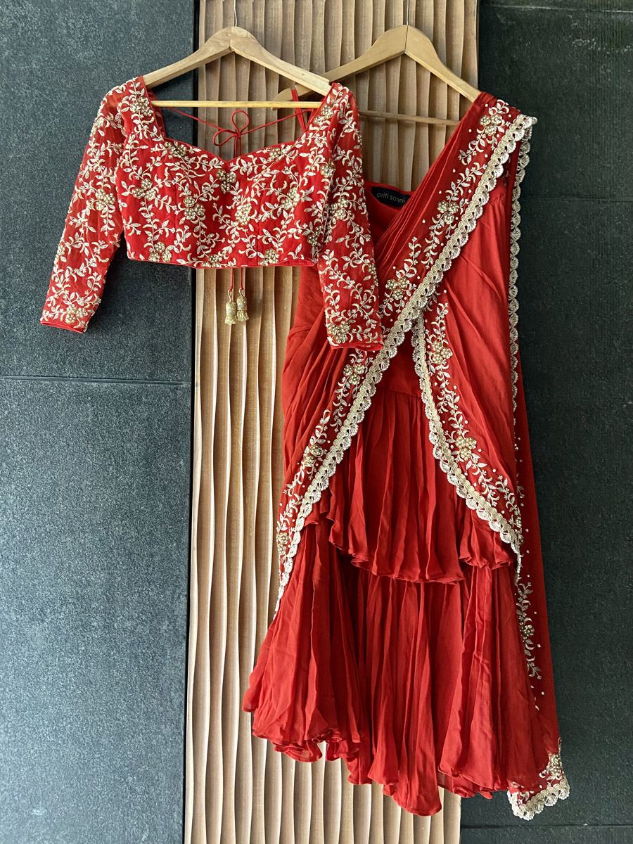 Red Draped Ruffle Saree - Fashion Brand & Designer Priti Sahni