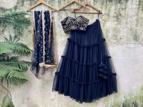 Black Tier and Ruffle Lehenga Set with Bustier Lehengas