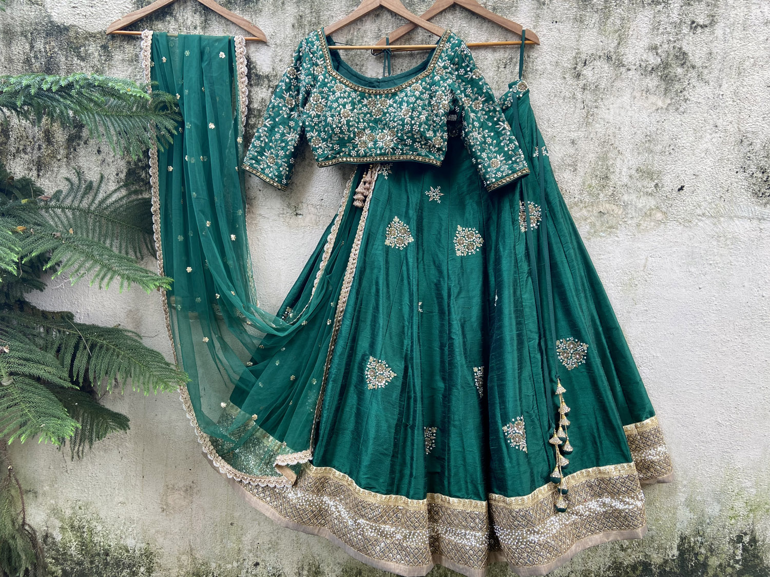 Emerald Green Raw Silk Lehenga Set Bridal Couture