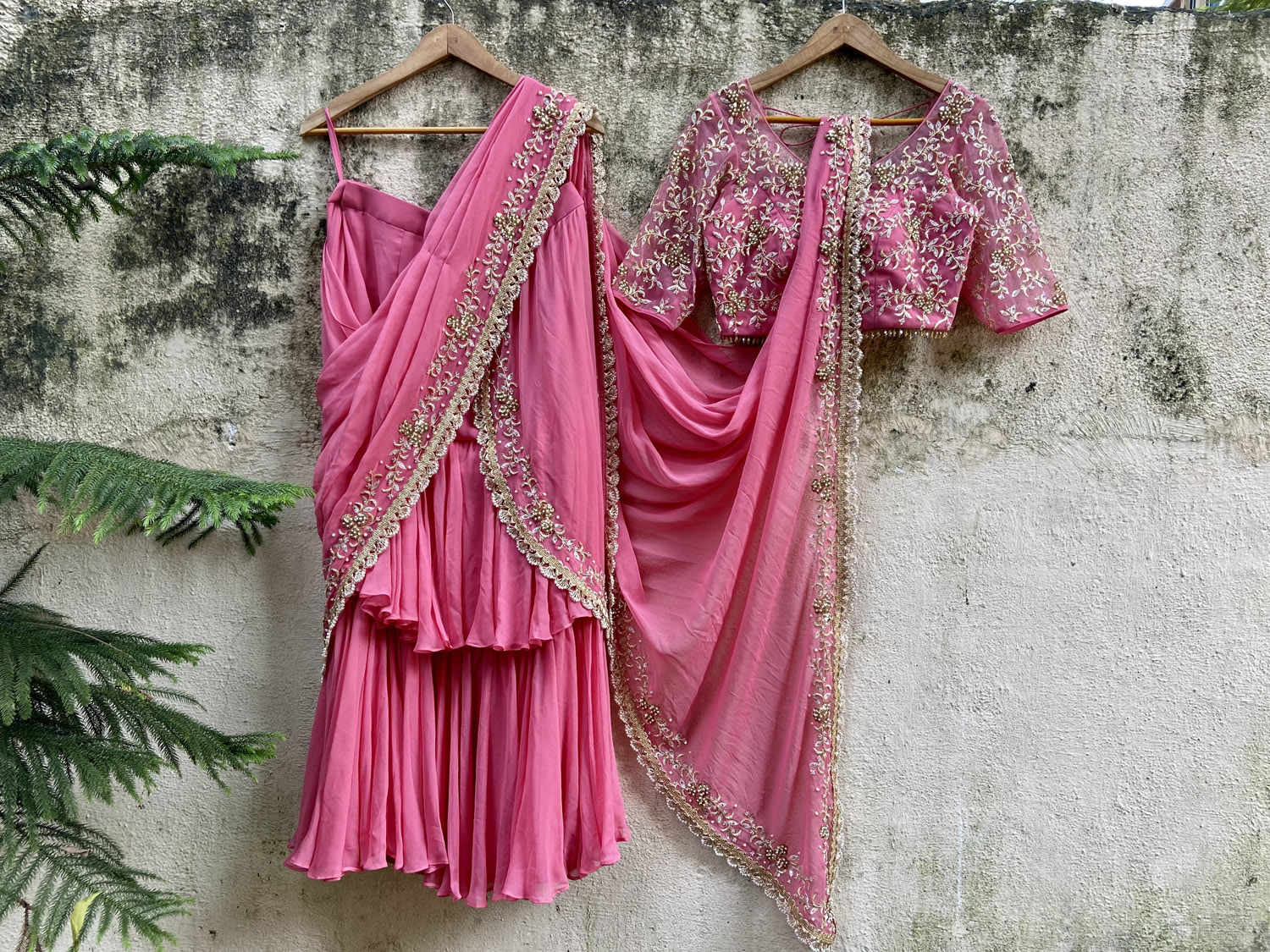 Pink Draped Ruffle Saree - Fashion Brand & Designer Priti Sahni