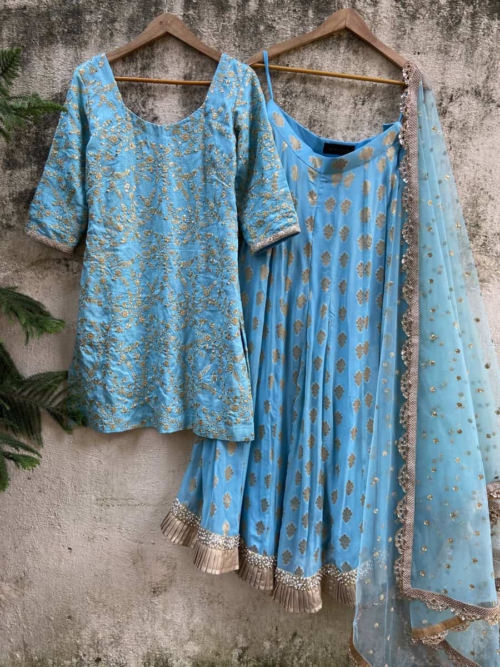 Cyan Blue Palazzo and Kurta Set Anarkali And Suits