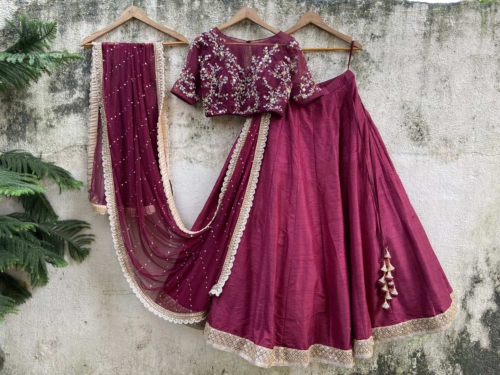 Burgundy Raw Silk Lehenga Set with Mirror and Thread Work Lehengas