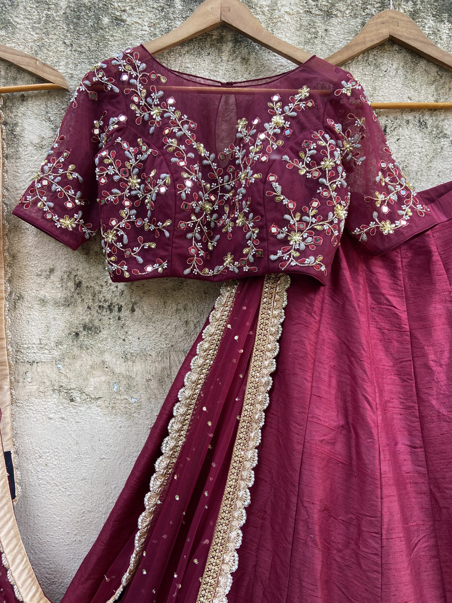 Burgundy Raw Silk Lehenga Set with Mirror and Thread Work - Fashion Brand & Designer Priti Sahni 2
