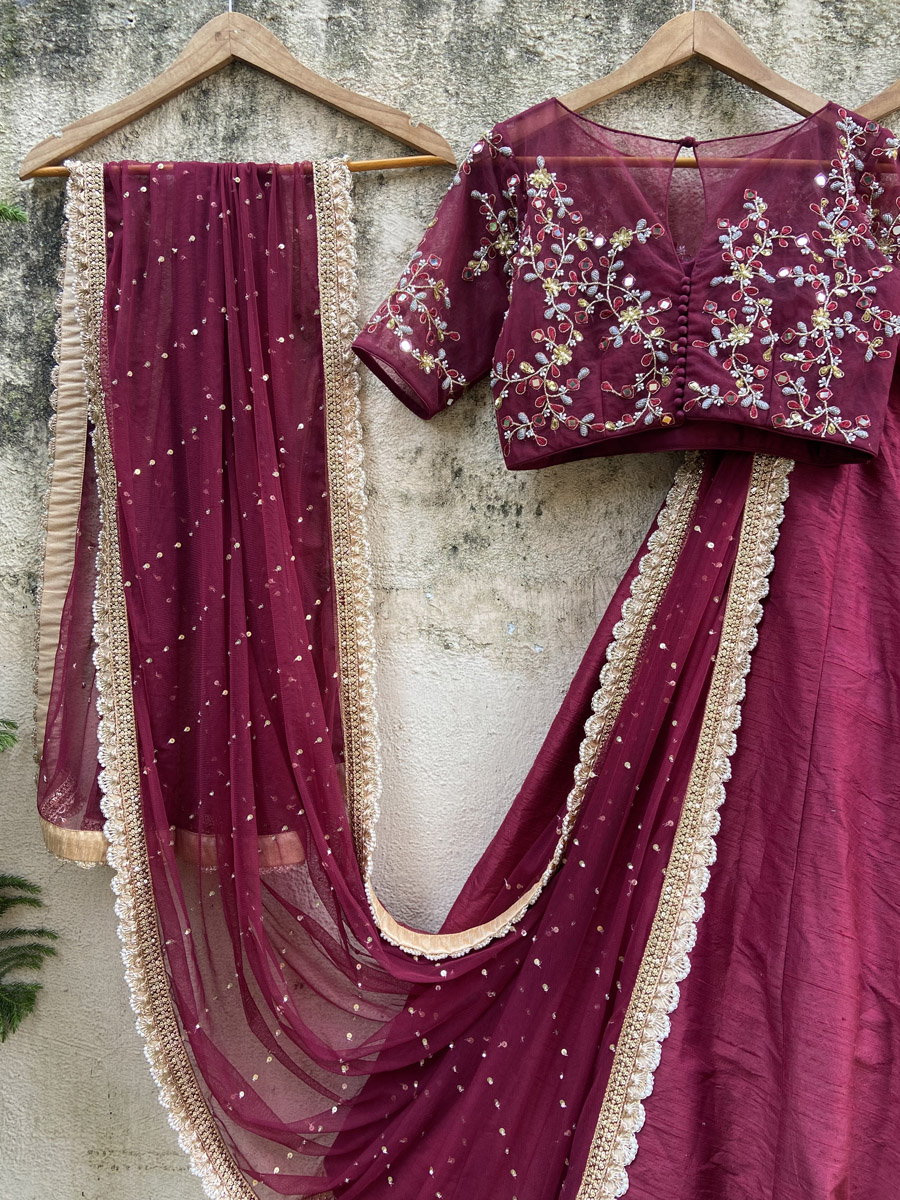 Burgundy Raw Silk Lehenga Set with Mirror and Thread Work - Fashion Brand & Designer Priti Sahni 4