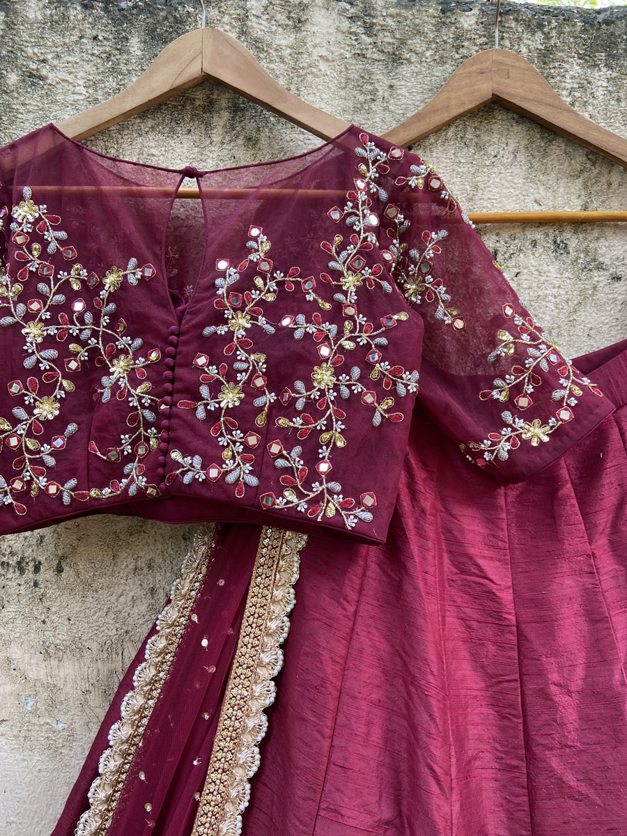 Burgundy Raw Silk Lehenga Set with Mirror and Thread Work - Fashion Brand & Designer Priti Sahni 5