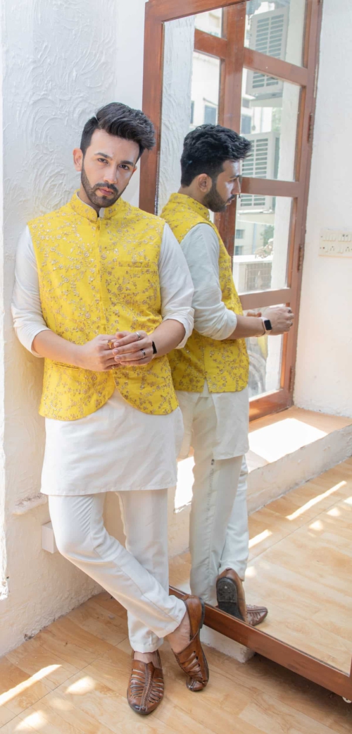 Ivory Kurta and Pant Set with Yellow Vest Anniversary Sale