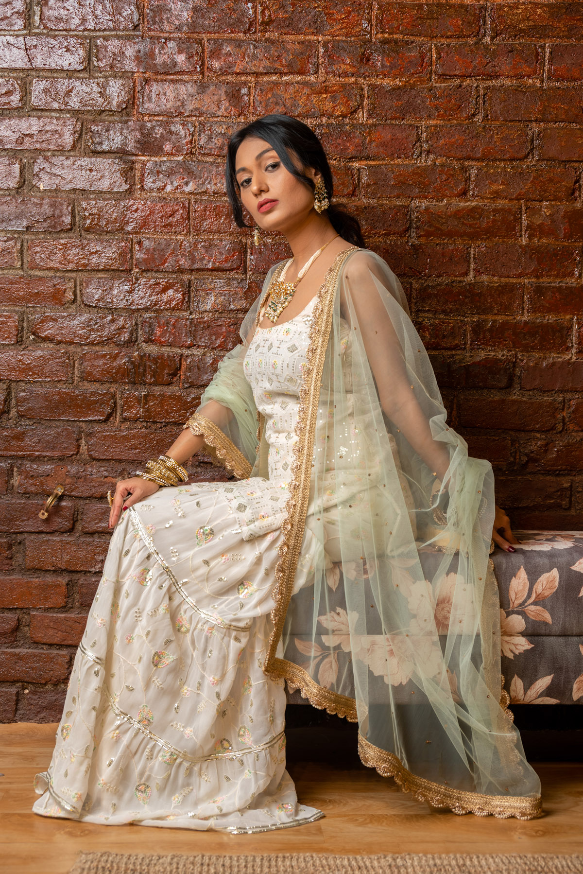 Ivory Sharara and Slip Kurta Set - Fashion Brand & Designer Priti Sahni