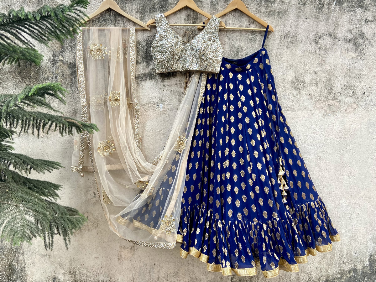 Indigo Blue and Beige Ruffle Lehenga Set - Fashion Brand & Designer Priti Sahni