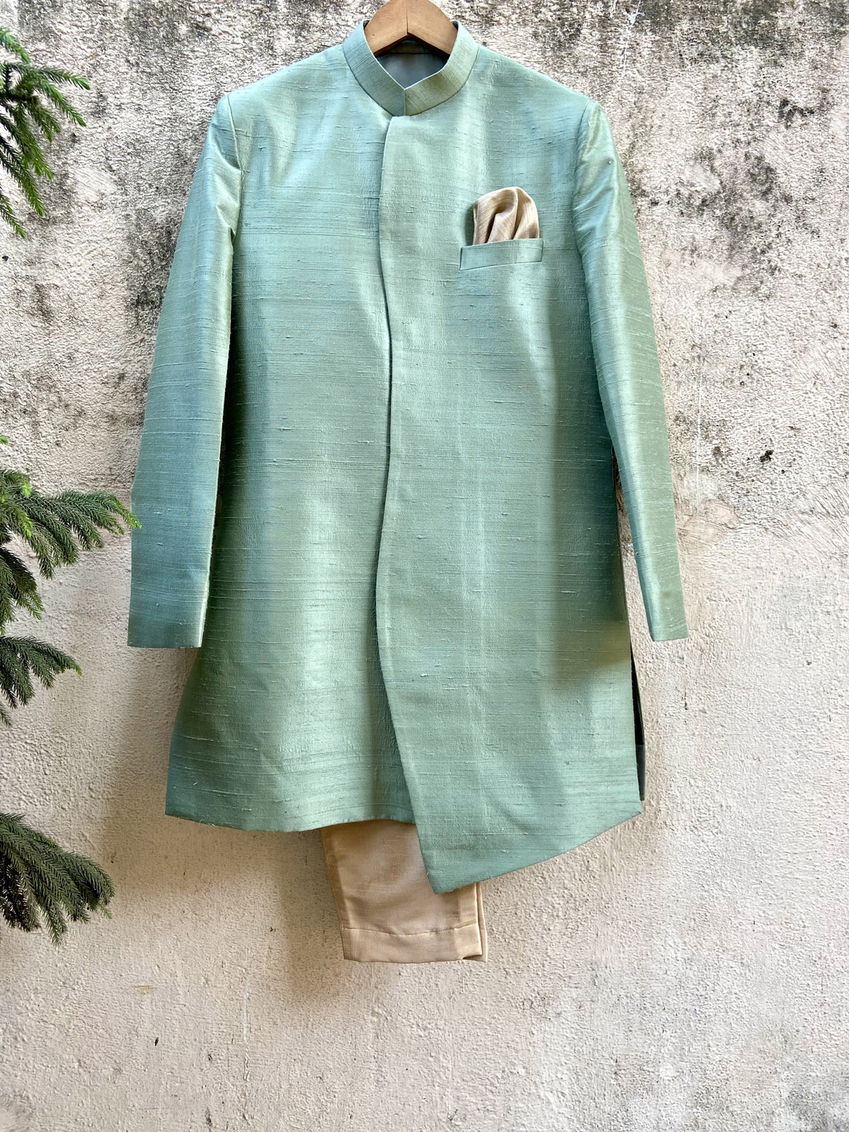 Sage Green Asymmetric Sherwani - Fashion Brand & Designer Priti Sahni