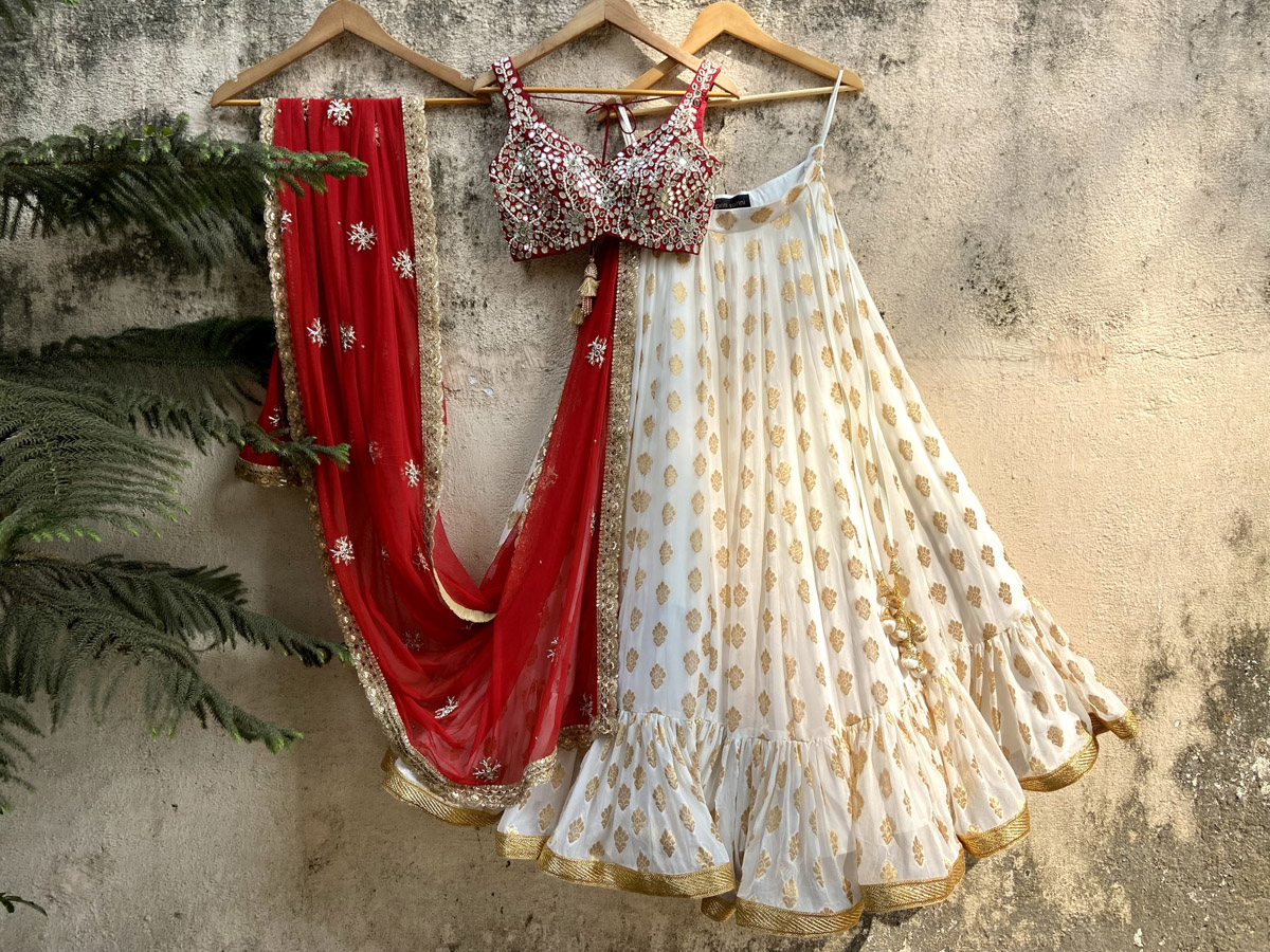 Ivory and Red Ruffle Lehenga Set - Fashion Brand & Designer Priti Sahni