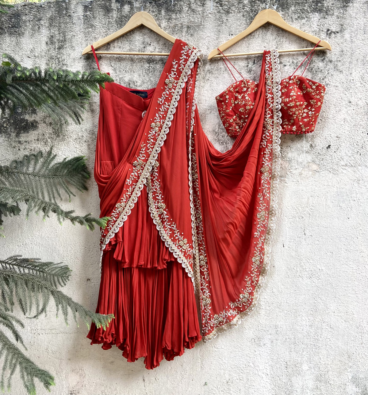 Rust Red Pre-Stitched Ruffle Saree - Fashion Brand & Designer Priti Sahni