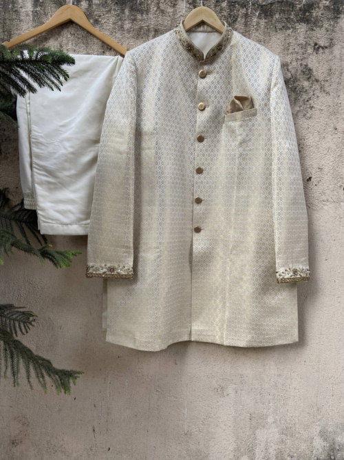 Ivory Silk Brocade Sherwani Mens