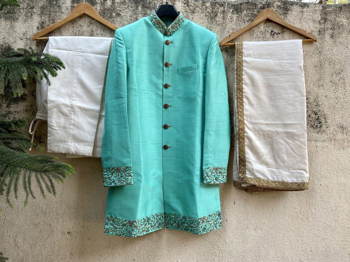 Teal Green Raw Silk Sherwani - Fashion Brand & Designer Priti Sahni