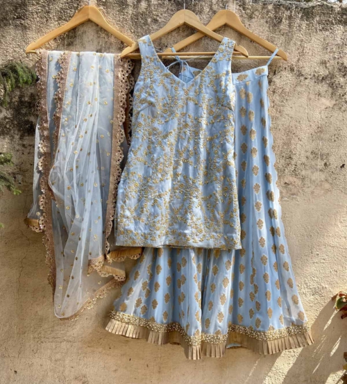 Powder Blue Kurta & Palazzo Set Anarkali And Suits