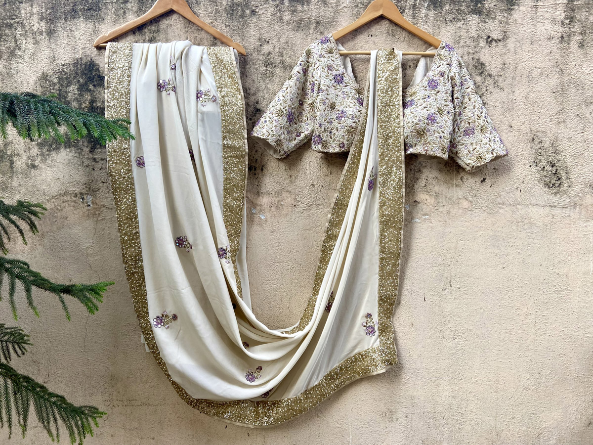 Ivory and Lavender Embroidered Saree - Fashion Brand & Designer Priti Sahni