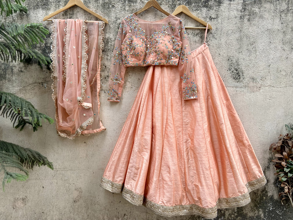 Peach Mirror and Thread Work Lehenga Set - Fashion Brand & Designer Priti Sahni