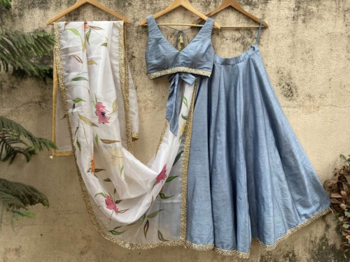 Grey Lehenga Set with Hand-Painted Dupatta btcomay25