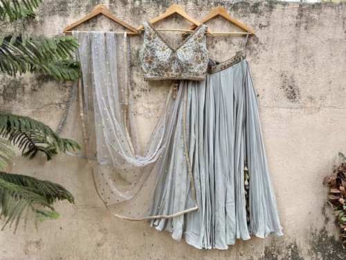 Grey Box Pleated Lehenga Set Lehengas
