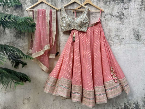 Coral and Beige Mirror Work Lehenga Set Lehengas