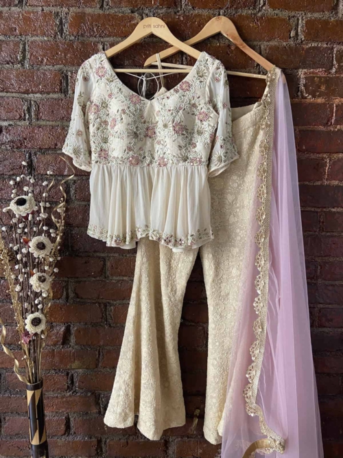 Crème Peplum Mirror Work Palazzo Set Indo-Western