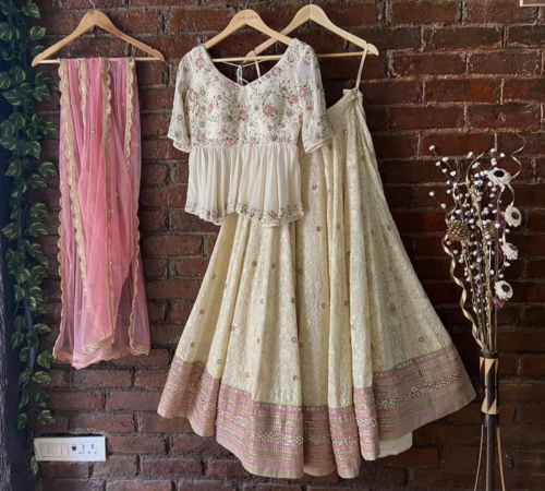 Crème Peplum Mirror work Lehenga Set Lehengas