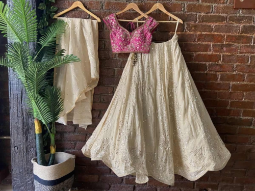 Beige and Fuchsia Pink Lehenga Set Bridal Couture