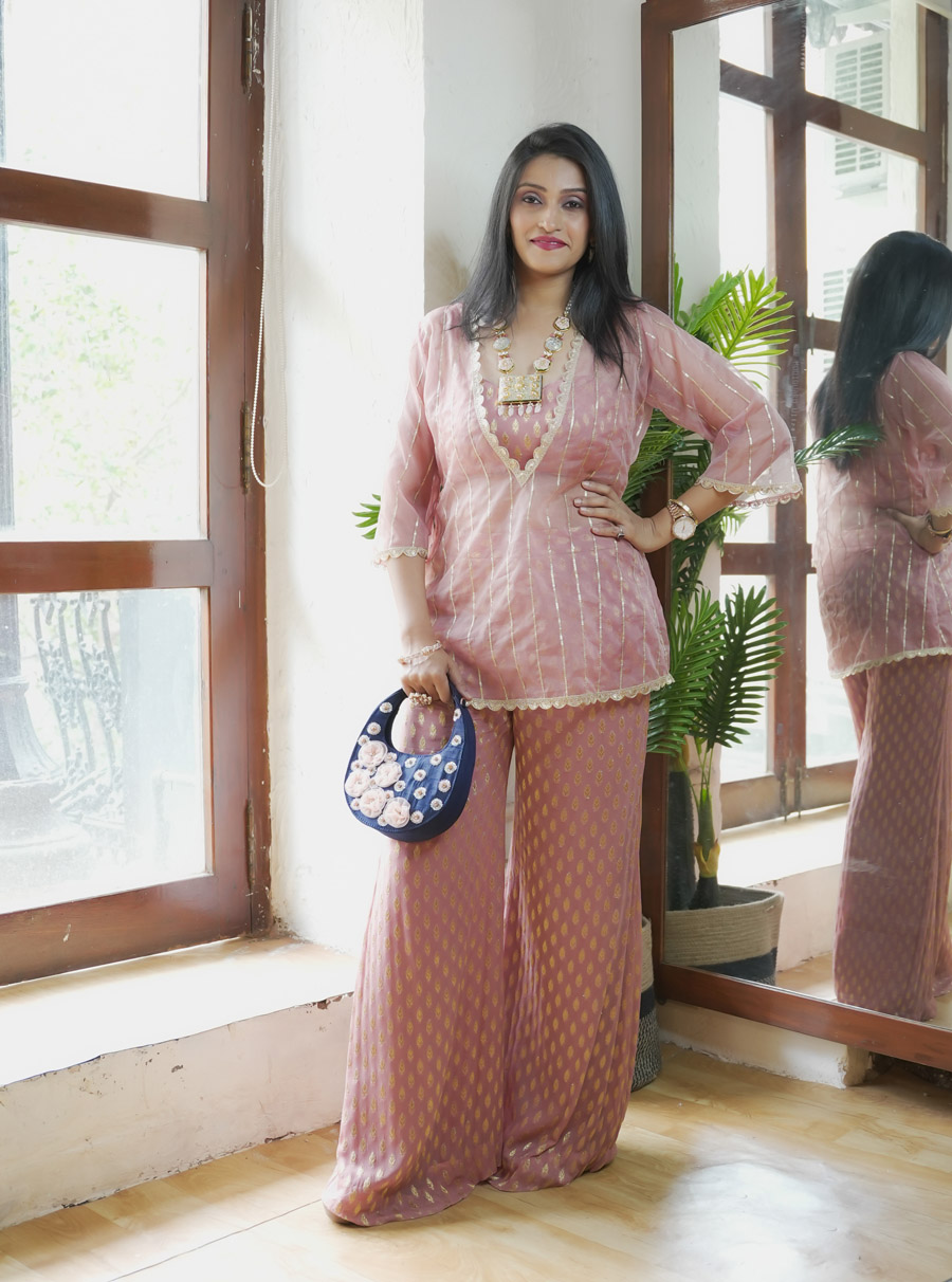 Nude Pink Bustier and Palazzo Pant with Kurta Anarkali And Suits