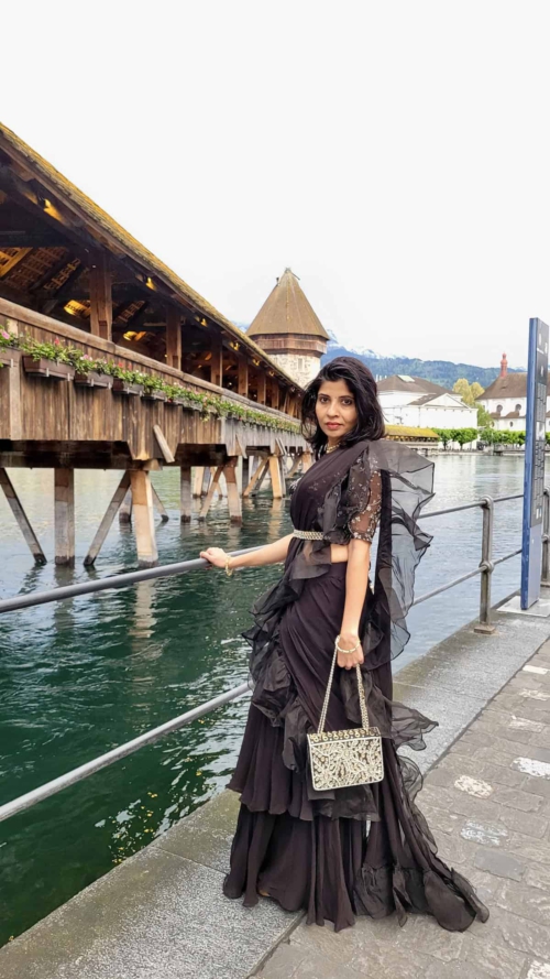 Black Ruffle Pre-Stitched Saree Anniversary Sale
