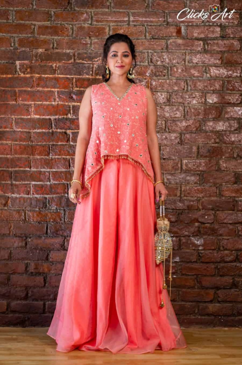 Coral Thread and Mirror Work Palazzo Set Anarkali And Suits