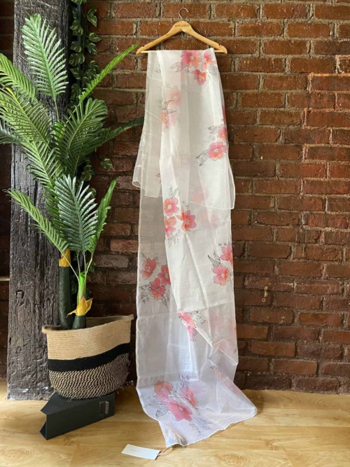 Ivory Hand Painted Organza Saree with Ivory Mirror Work Blouse Sarees