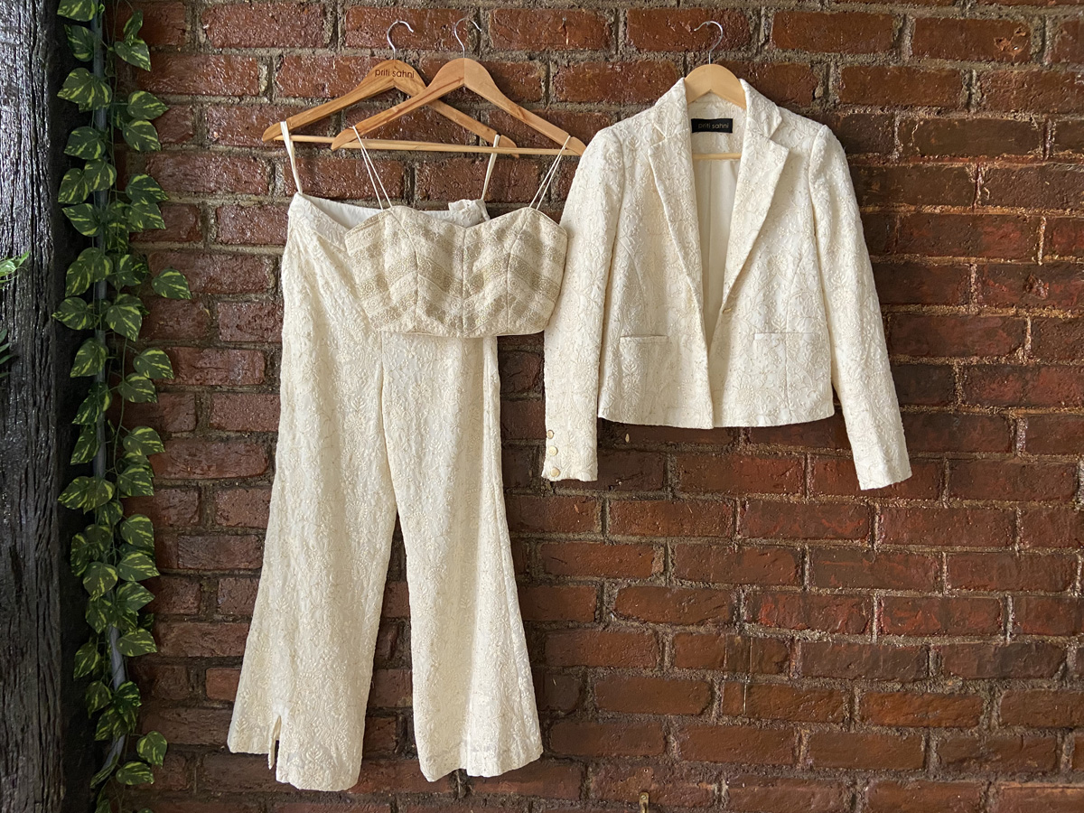 Ivory Thread Work Bustier, Pant and Jacket Set Indo-Western