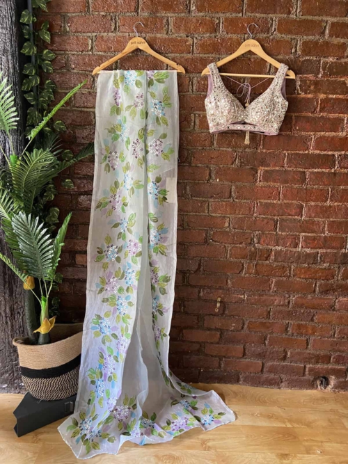 Mint and Mauve Hand-painted Organza Saree with Mirror Work Blouse Sarees