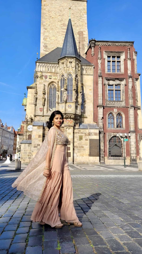 Nude Mirror Work Blouse with Sharara & Cape Set Indo-Western